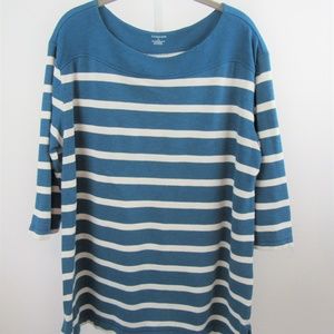 Lands End Teal White 3/4 Sleeve Tunic Top L